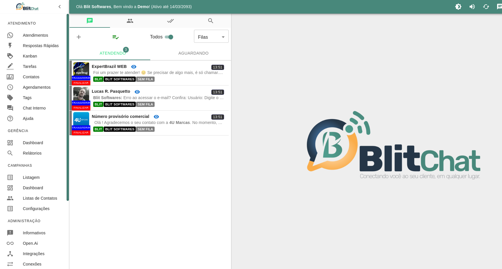 Interface do Blitchat mostrando o painel de atendimento